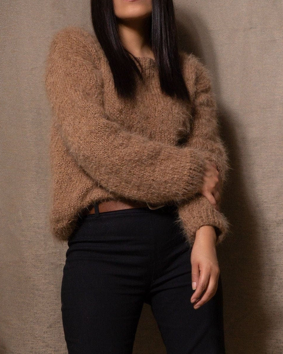 Hand Knit Alpaca Cropped Sweater | Brown Wool Pullover