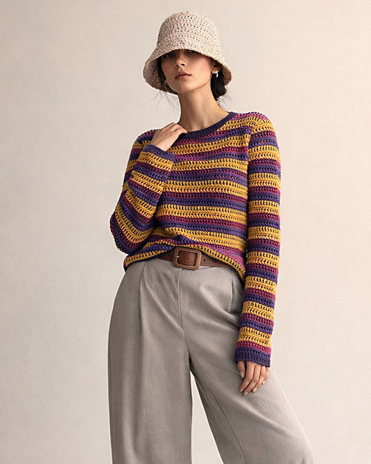 Crochet Eco Cotton Sweater Top: Striped Knit, Handmade