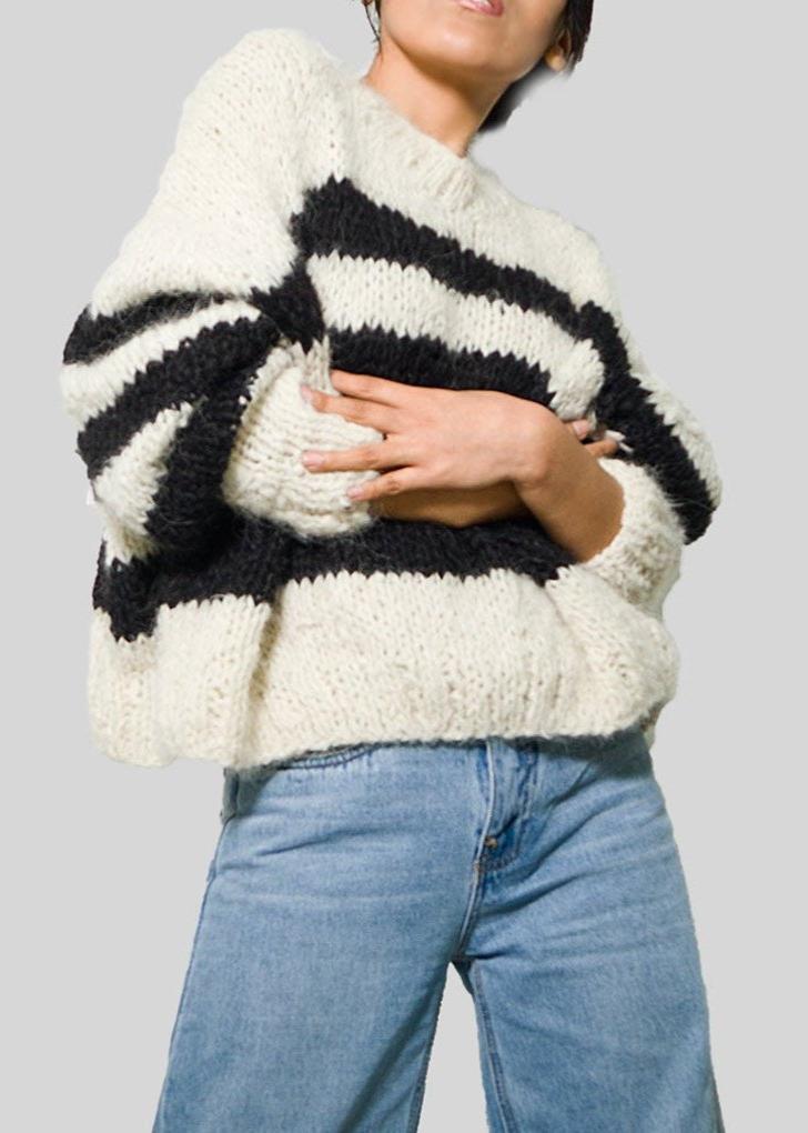 ALPACA WOMENS CROPPED SWEATER - IVORY / BLACK