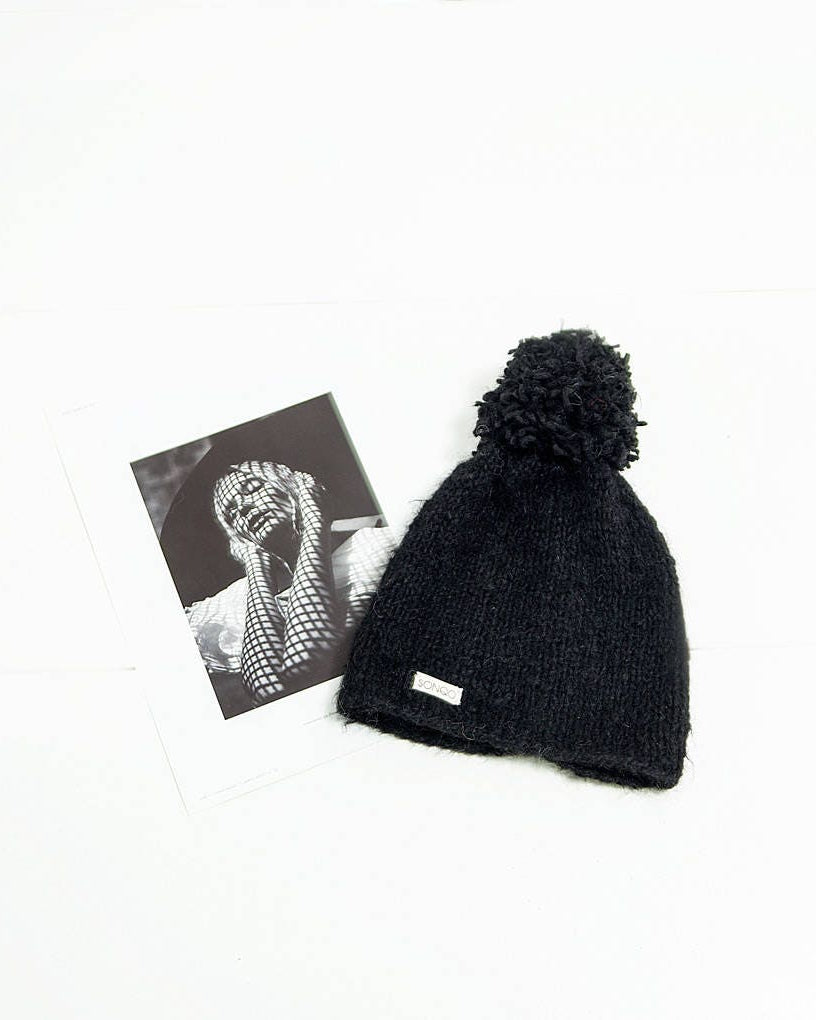 Loom Knit Alpaca Pom Pom Beanie | Slouchy Hat