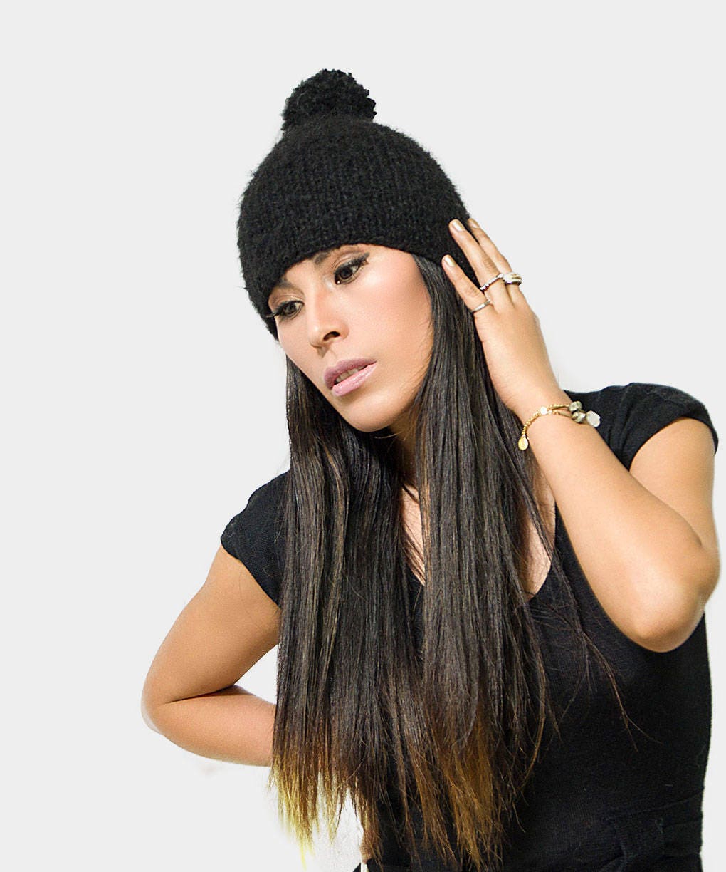 Loom Knit Alpaca Pom Pom Beanie | Slouchy Hat