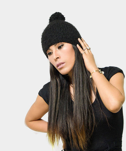 Loom Knit Alpaca Pom Pom Beanie | Slouchy Hat