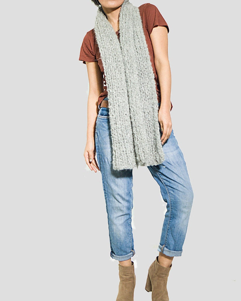 Hand Knit Alpaca Scarf: Gray Unisex Winter Scarf