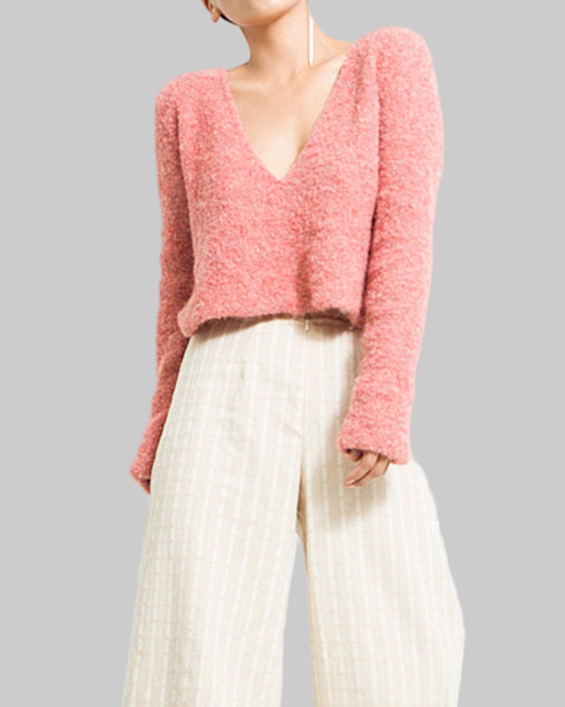 Handmade Pink Alpaca V-Neck Sweater: Sustainable Knit Top