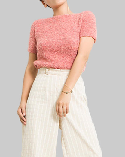 Hand Knit Alpaca Blend Top, Pink Short Sleeve Summer Sweater