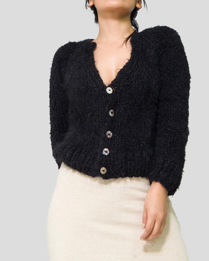 Hand Knit Alpaca Crop Cardigan | Black Wrap Sweater