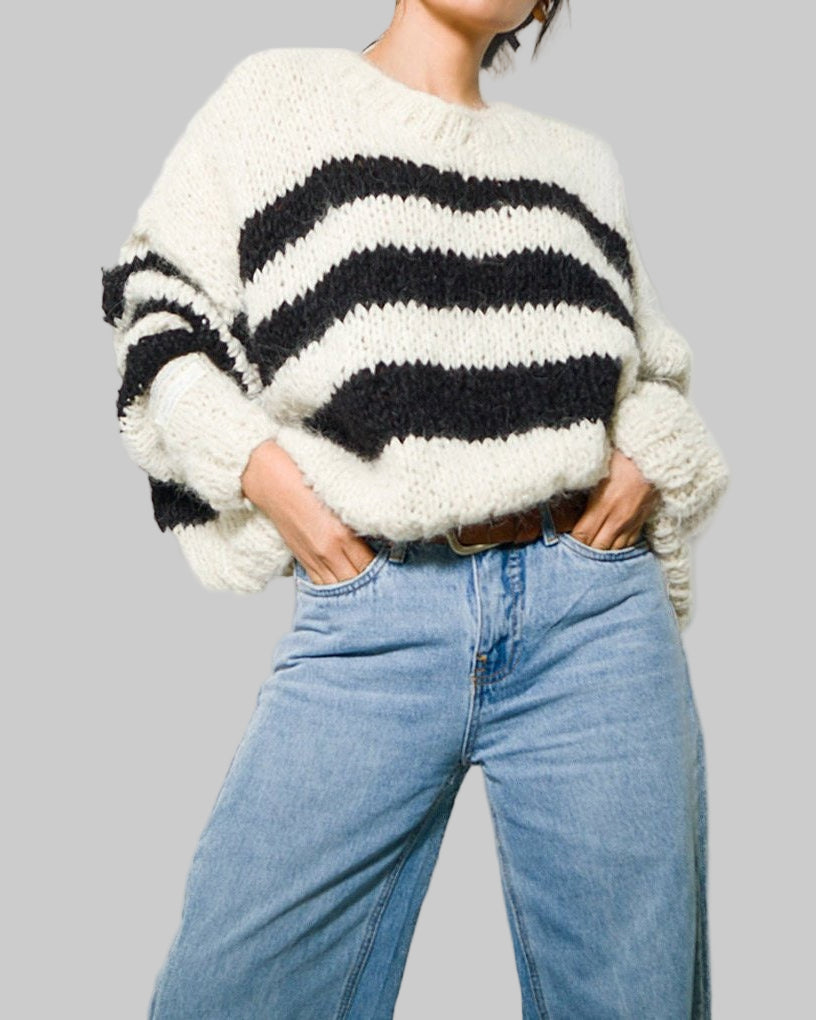 Hand-Knitted Alpaca Cropped Sweater | Chunky Knit Striped Jumper