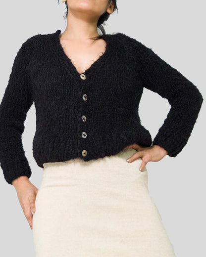 Hand Knit Alpaca Crop Cardigan | Black Wrap Sweater