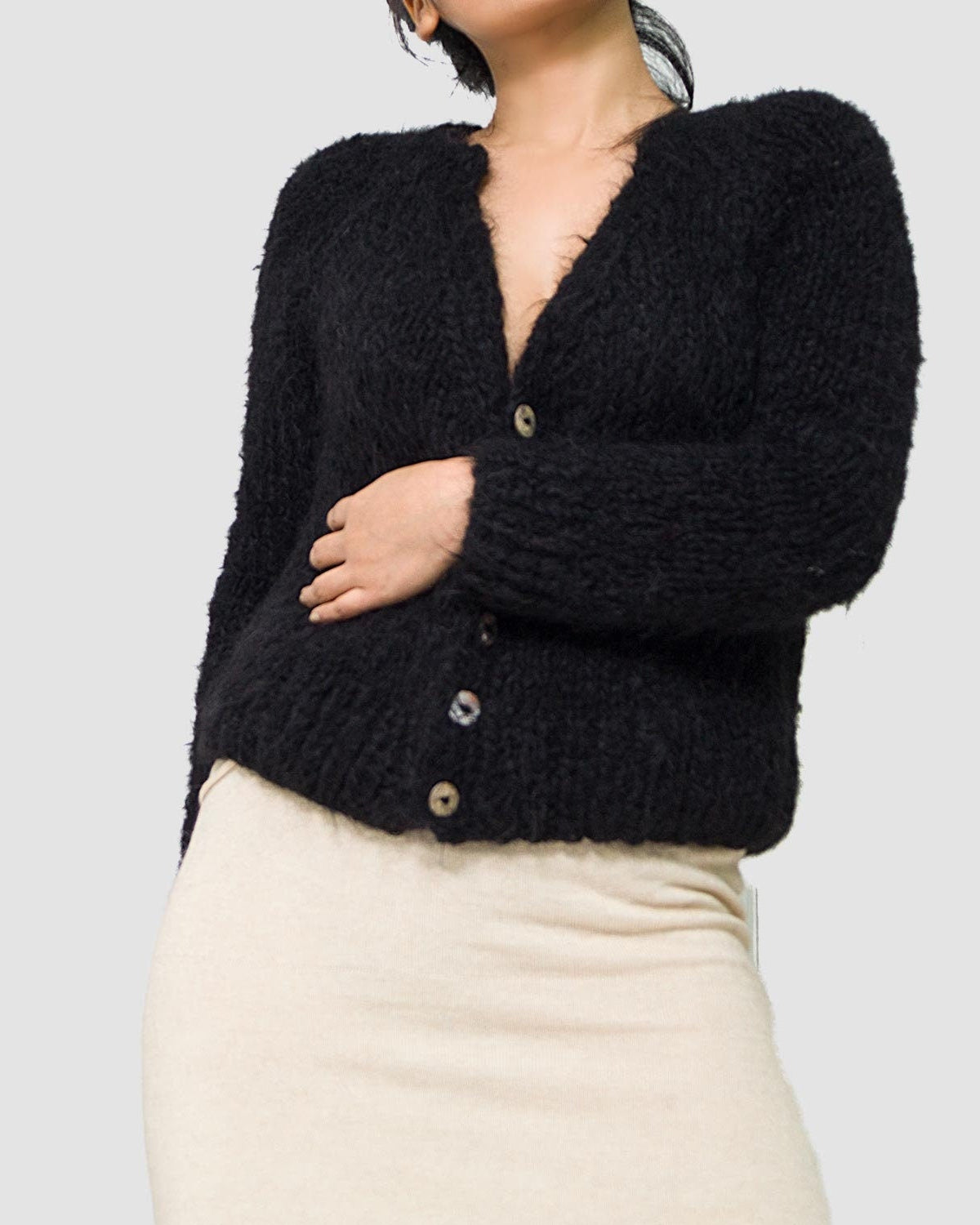 Hand Knit Alpaca Crop Cardigan | Black Wrap Sweater