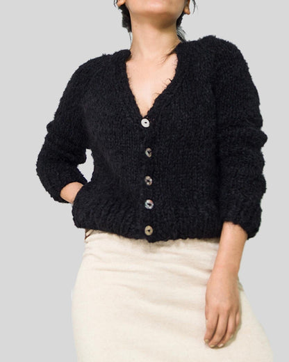 Hand Knit Alpaca Crop Cardigan | Black Wrap Sweater