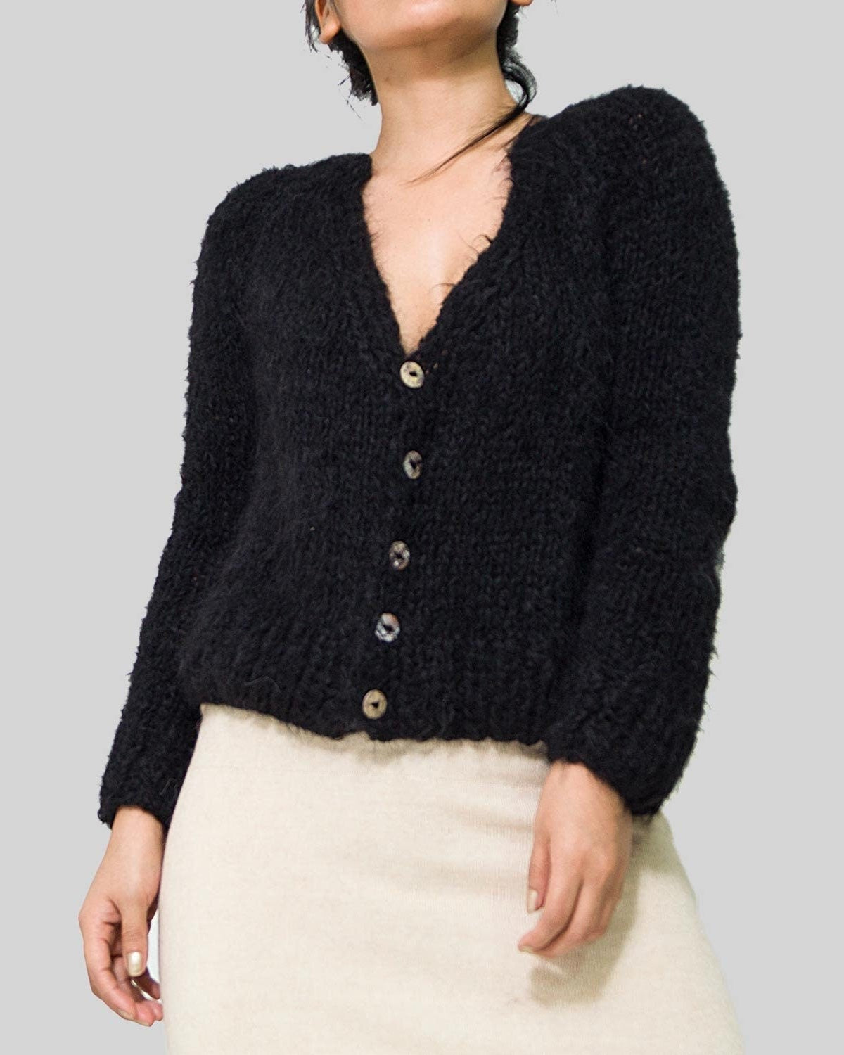 Hand Knit Alpaca Crop Cardigan | Black Wrap Sweater