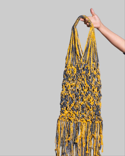 Handmade Macrame Cotton Tote Bag | Yellow & Gray