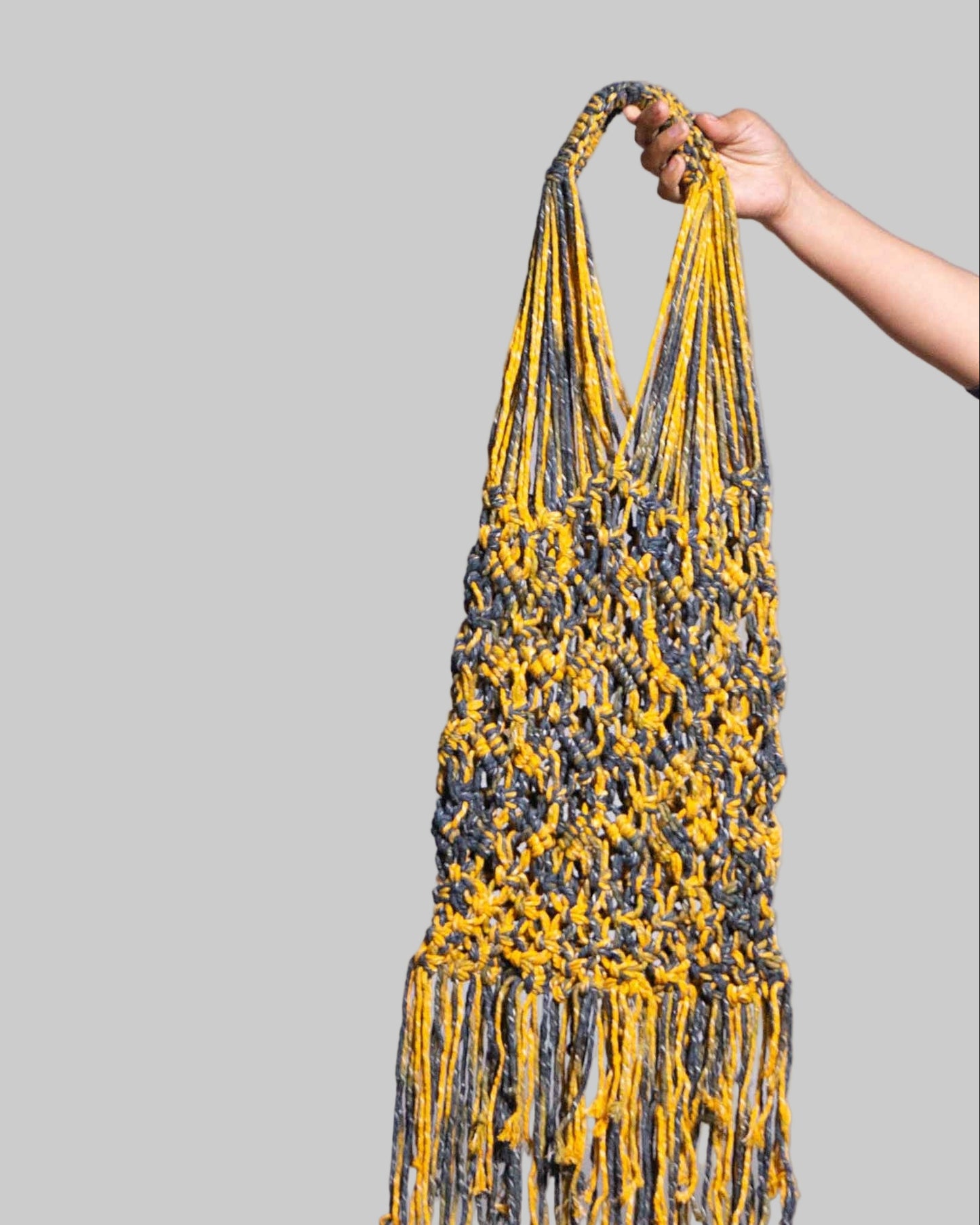 Handmade Macrame Cotton Tote Bag | Yellow & Gray