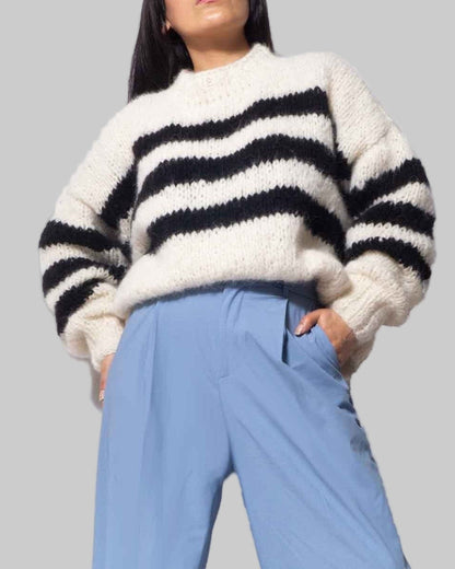 Hand Knitted Alpaca Cropped Sweater | Striped Chunky Knit