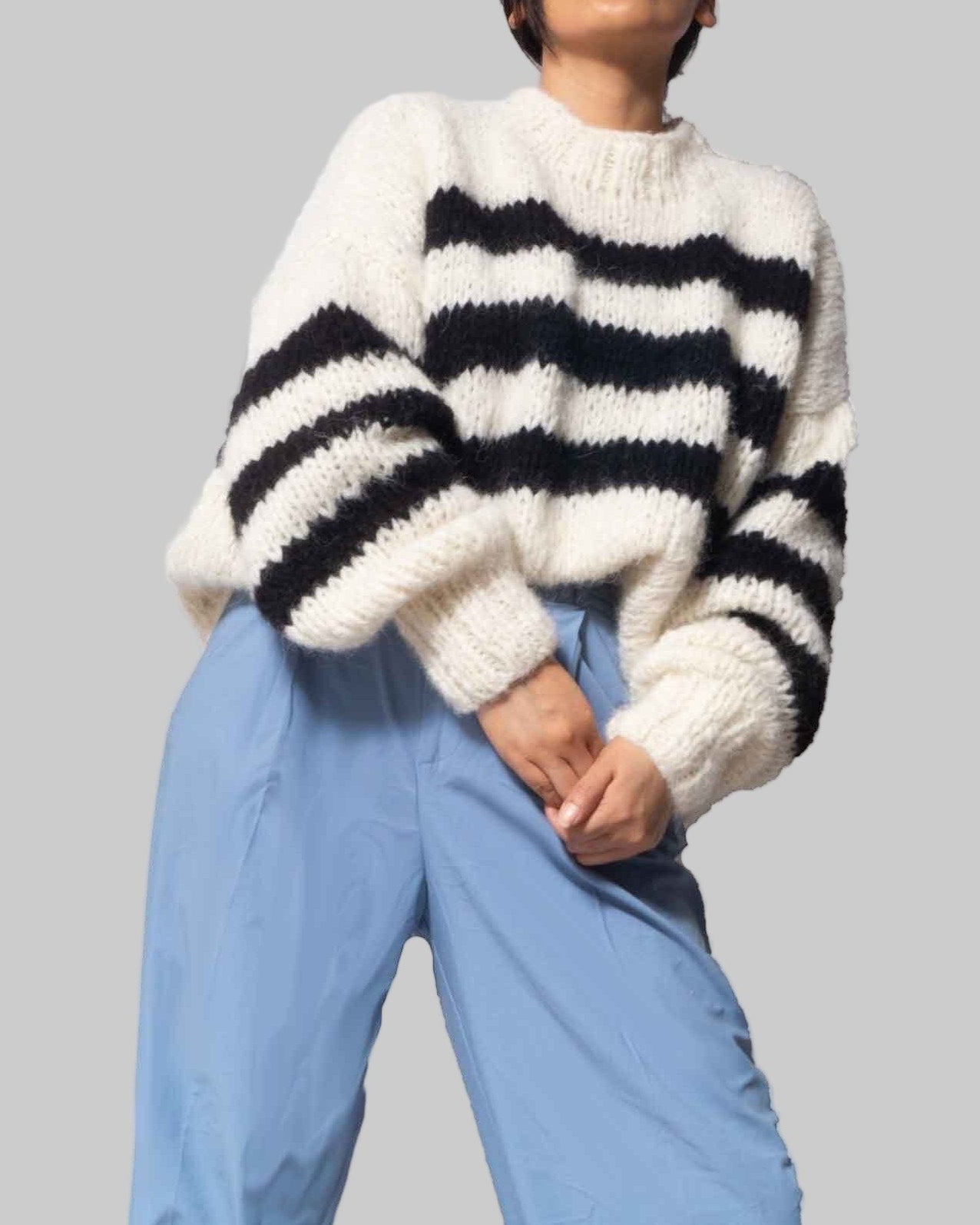 Hand Knitted Alpaca Cropped Sweater | Striped Chunky Knit