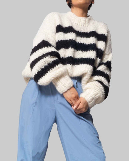Hand Knitted Alpaca Cropped Sweater | Striped Chunky Knit