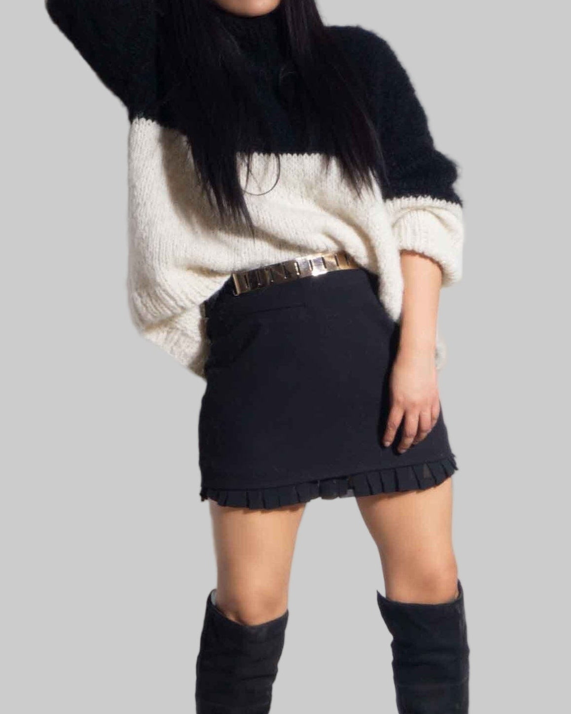 Hand Knit Alpaca Crop Sweater | Oversized Slouchy Black & White