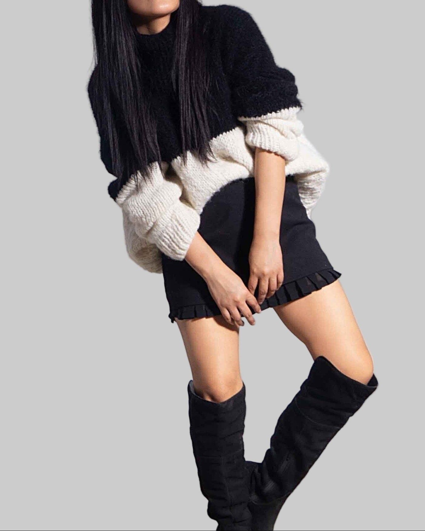 Hand Knit Alpaca Crop Sweater | Oversized Slouchy Black & White