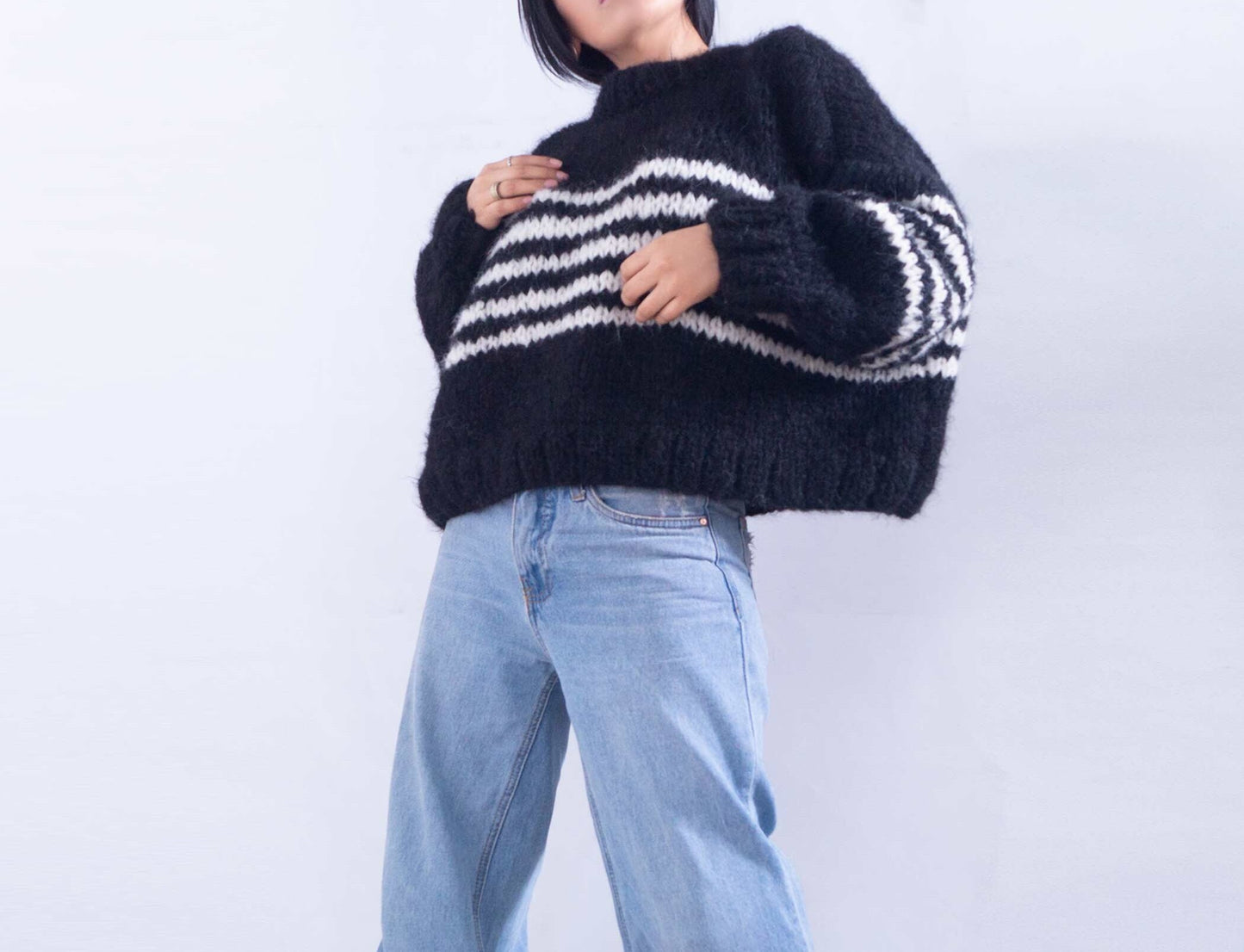 Hand Knit Striped Alpaca Sweater | Oversized Cropped Pullover