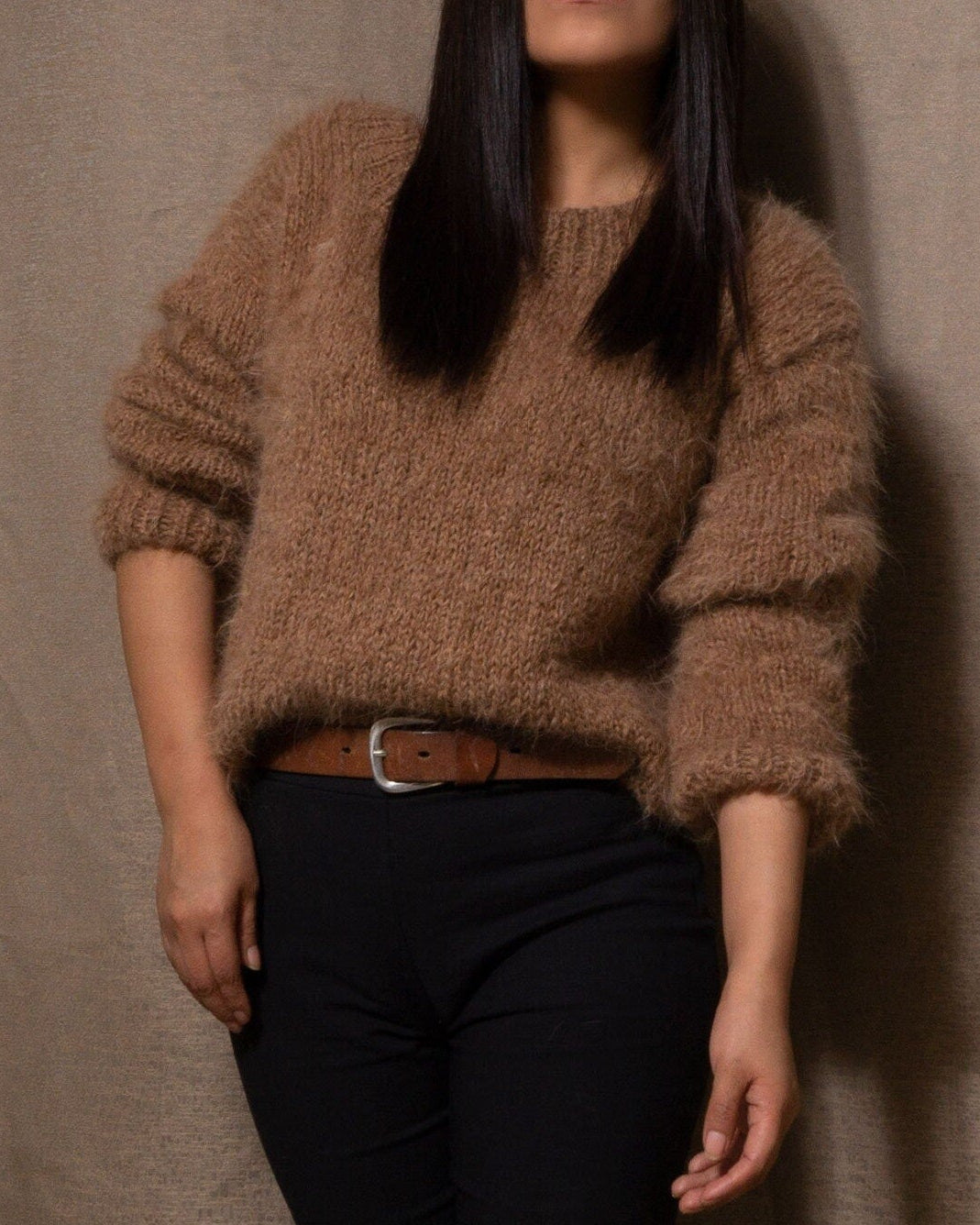 Hand Knit Alpaca Cropped Sweater | Brown Wool Pullover