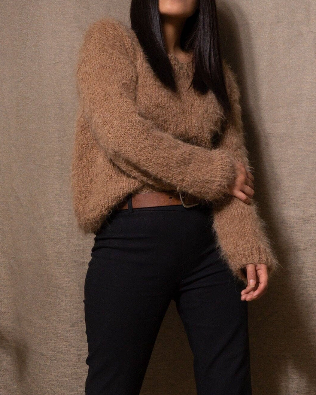 Hand Knit Alpaca Cropped Sweater | Brown Wool Pullover