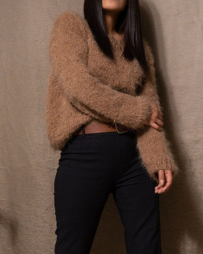 Hand Knit Alpaca Cropped Sweater | Brown Wool Pullover