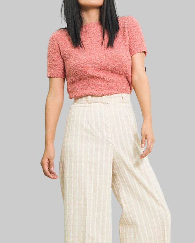 Hand Knit Alpaca Blend Top, Pink Short Sleeve Summer Sweater