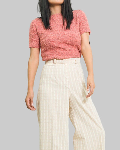 Hand Knit Alpaca Blend Top, Pink Short Sleeve Summer Sweater