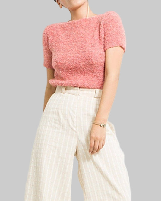 Hand Knit Alpaca Blend Top, Pink Short Sleeve Summer Sweater