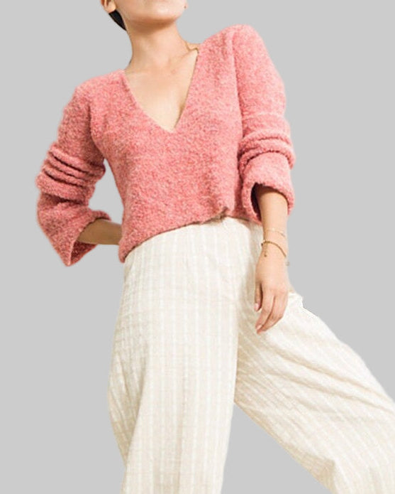 Handmade Pink Alpaca V-Neck Sweater: Sustainable Knit Top