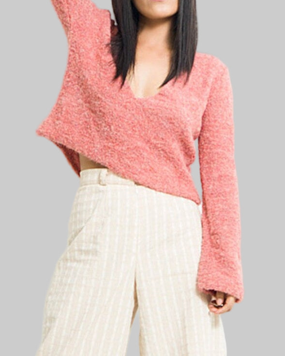 Handmade Pink Alpaca V-Neck Sweater: Sustainable Knit Top