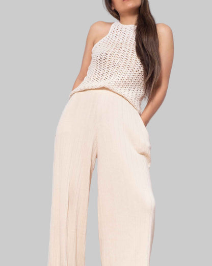 Organic Cotton Knit Pant Set: Asymmetrical Top & Wide Leg Palazzo Pants