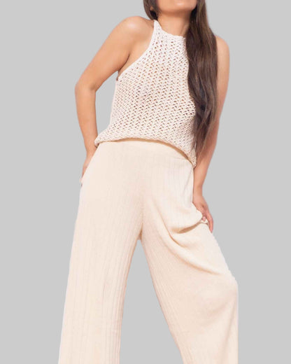 Organic Cotton Knit Pant Set: Asymmetrical Top & Wide Leg Palazzo Pants