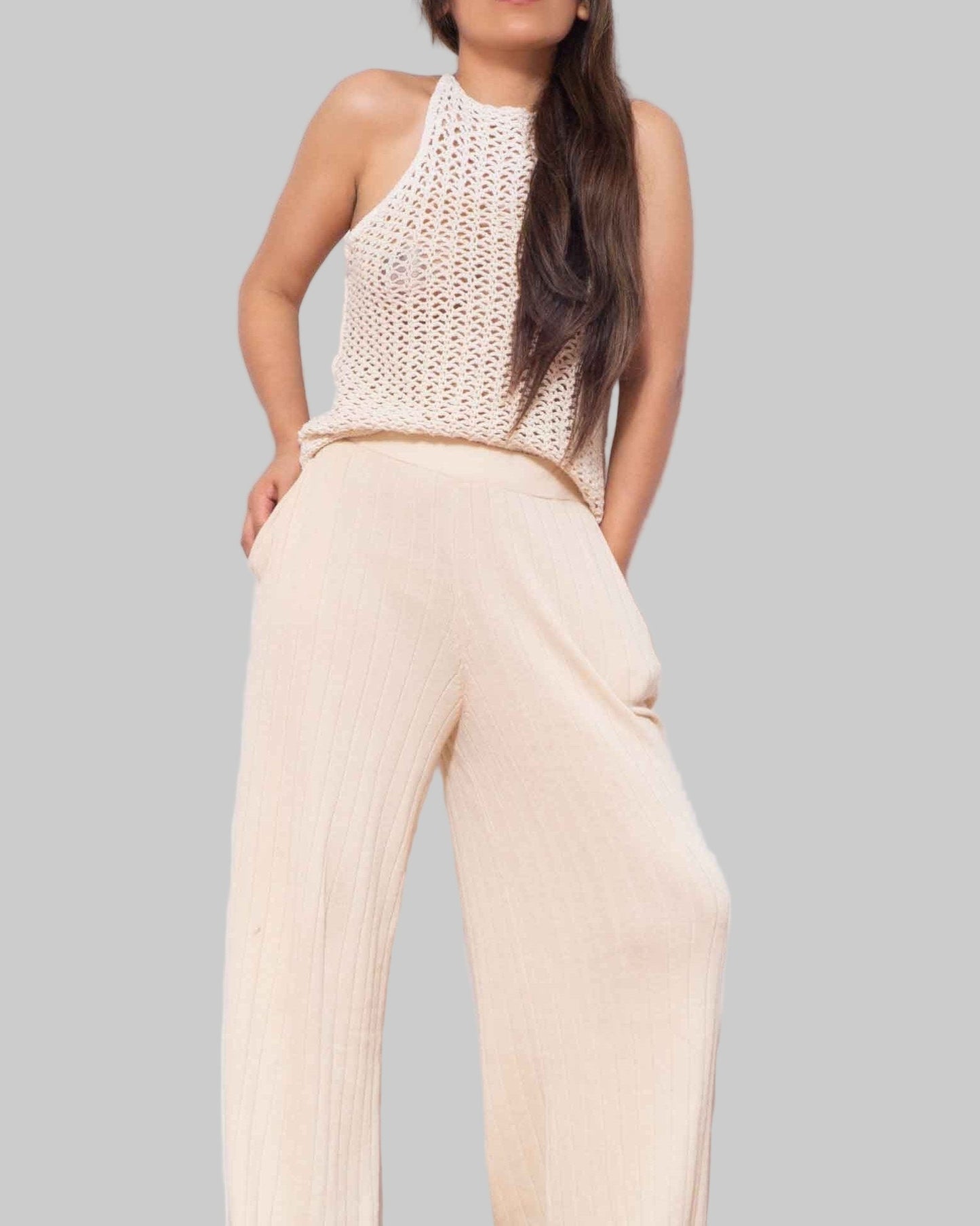Organic Cotton Knit Pant Set: Asymmetrical Top & Wide Leg Palazzo Pants