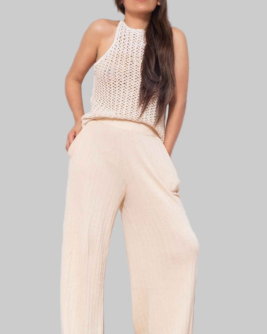 Organic Cotton Knit Pant Set: Asymmetrical Top & Wide Leg Palazzo Pants