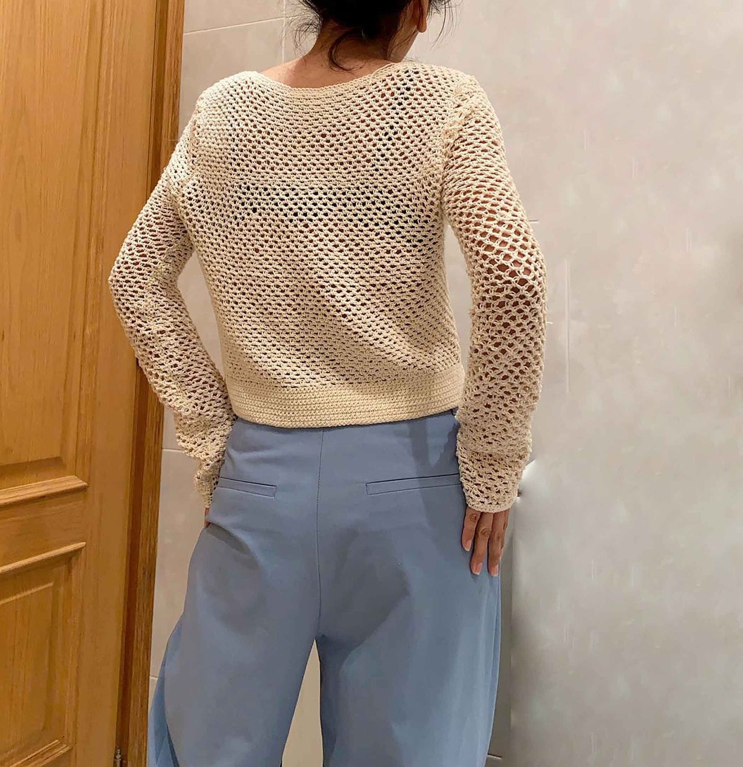 Handmade Alpaca Blend Crochet Sweater Top - V Neck Knit Jumper