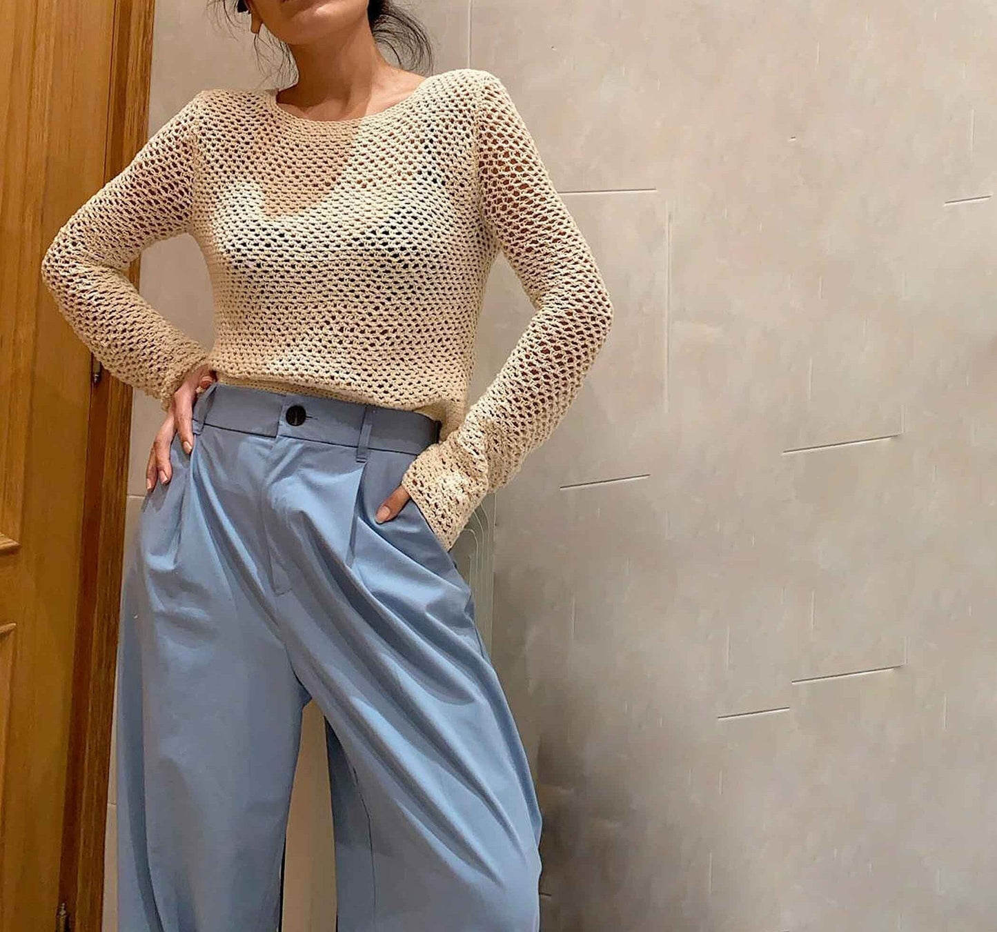 Handmade Alpaca Blend Crochet Sweater Top - V Neck Knit Jumper