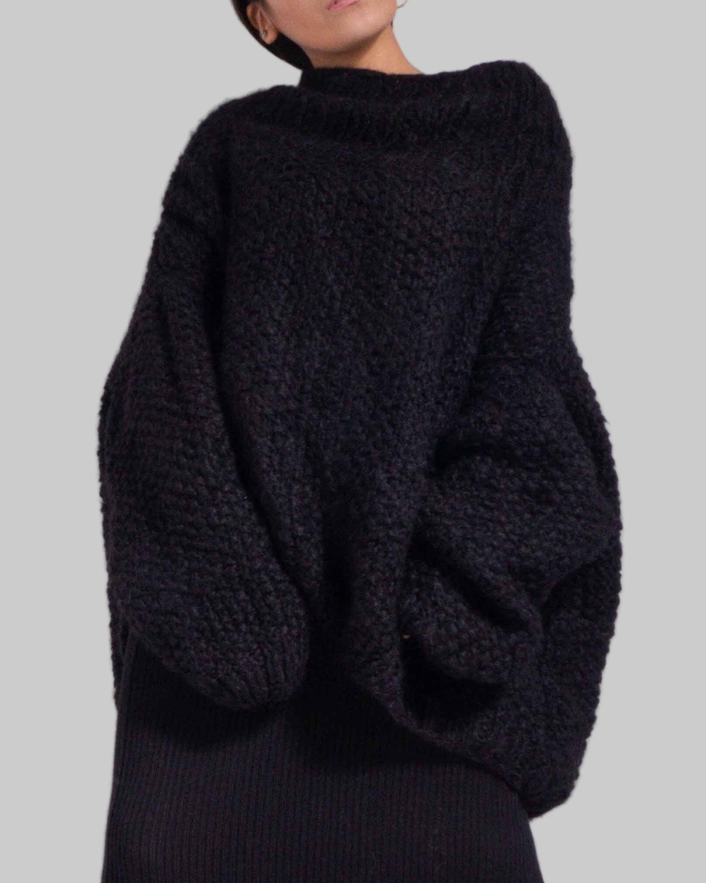 Hand-Knitted Black Alpaca Oversized Sweater | Chunky Knit Pullover