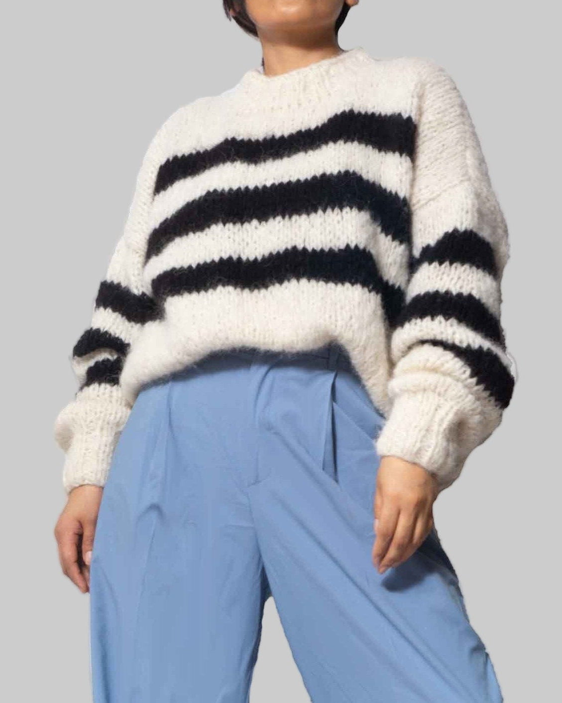 Hand Knitted Alpaca Cropped Sweater | Striped Chunky Knit