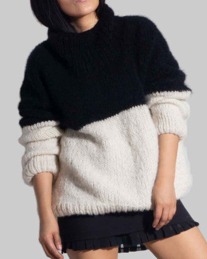 Hand Knit Alpaca Crop Sweater | Oversized Slouchy Black & White