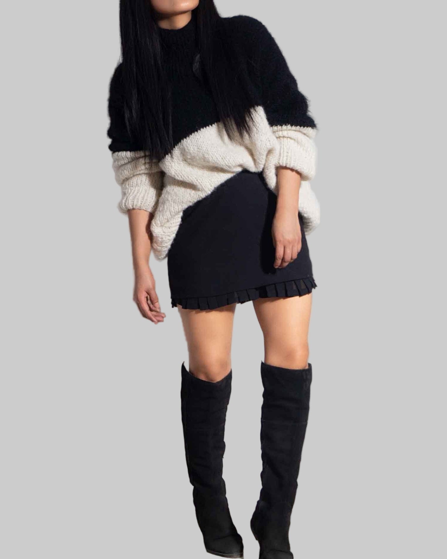 Hand Knit Alpaca Crop Sweater | Oversized Slouchy Black & White