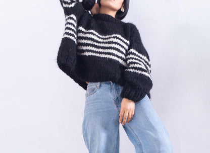 Hand Knit Striped Alpaca Sweater | Oversized Cropped Pullover