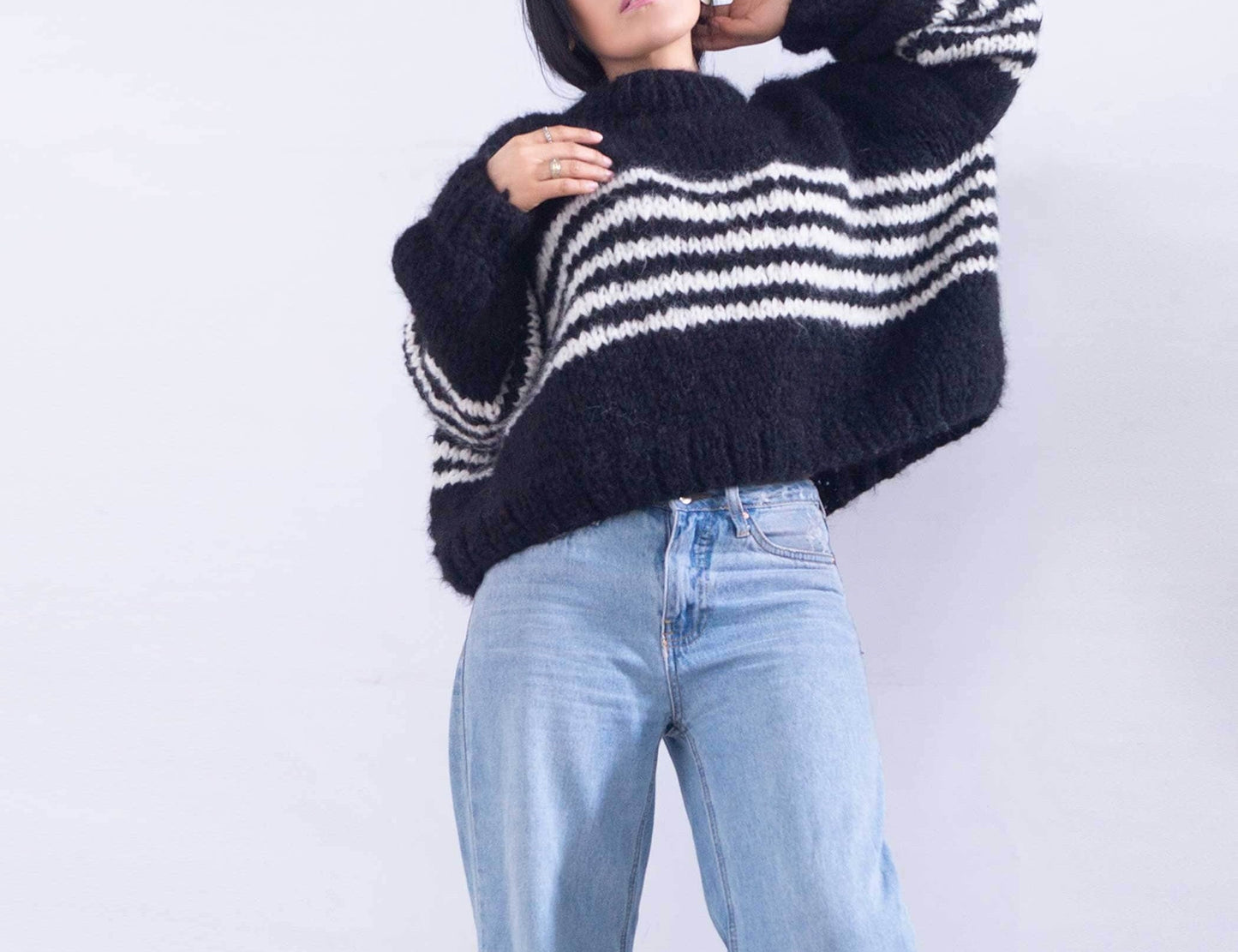 Hand Knit Striped Alpaca Sweater | Oversized Cropped Pullover