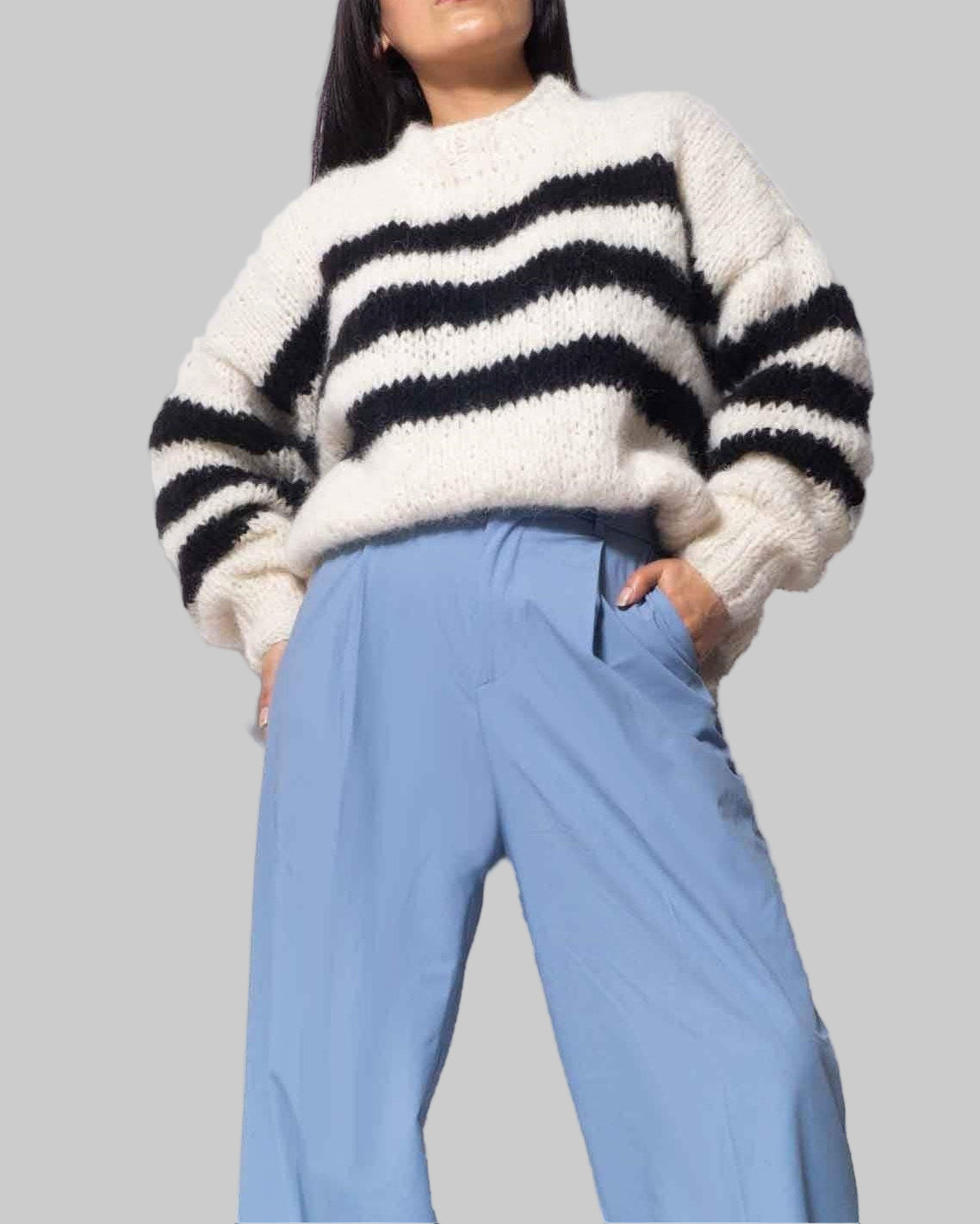 Hand-Knitted Alpaca Cropped Sweater | Chunky Knit Striped Jumper