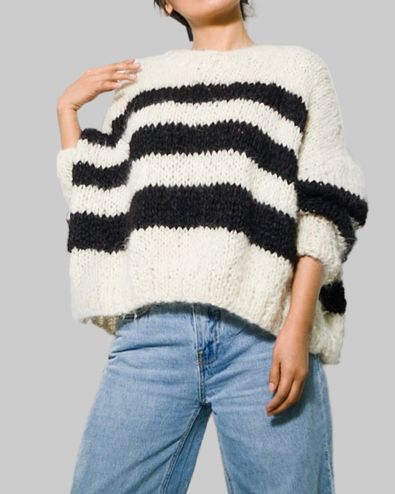 Hand-Knitted Alpaca Cropped Sweater | Chunky Knit Striped Jumper