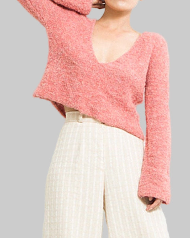 Handmade Pink Alpaca V-Neck Sweater: Sustainable Knit Top