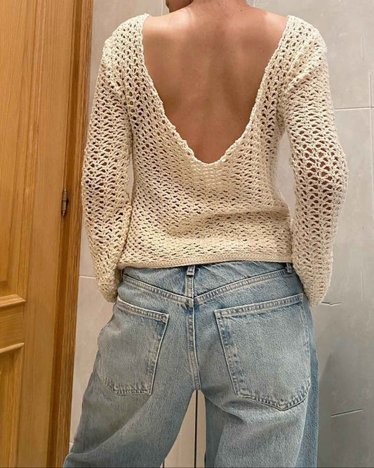 Handmade Alpaca Crochet Backless Sweater, Sustainable Knit Top