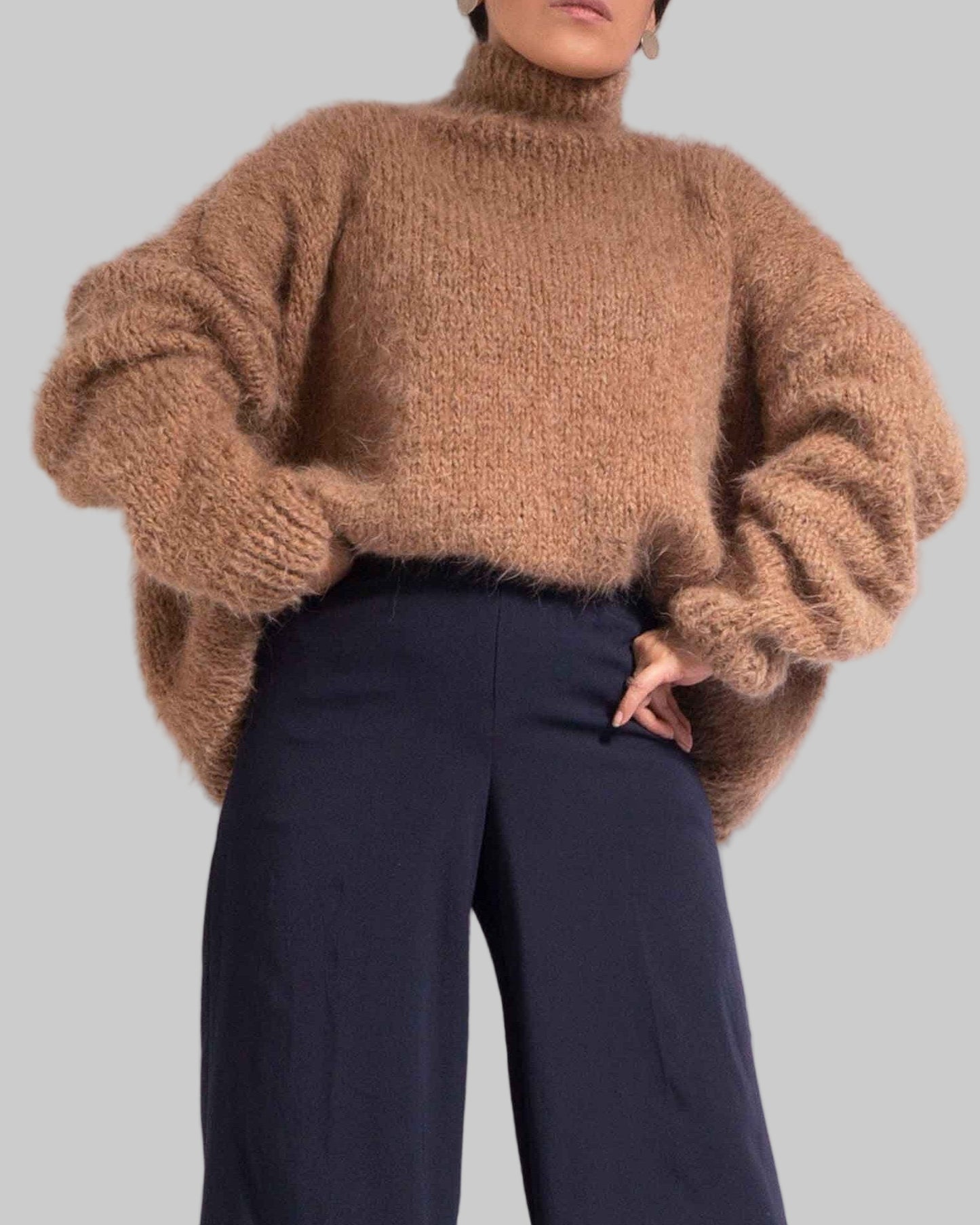 Hand Knit Camel Suri Alpaca Turtleneck Sweater | Oversized Chunky Knit