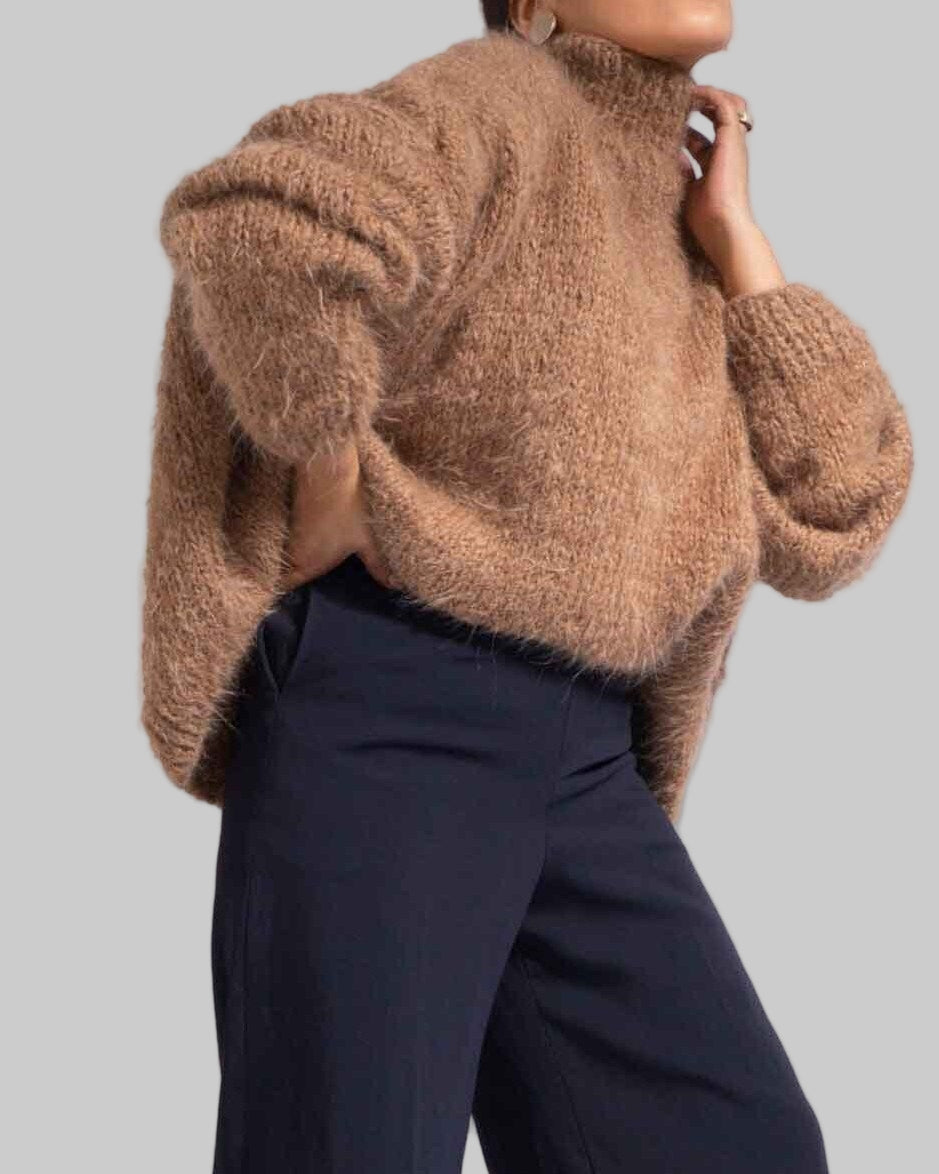 Hand Knit Camel Suri Alpaca Turtleneck Sweater | Oversized Chunky Knit