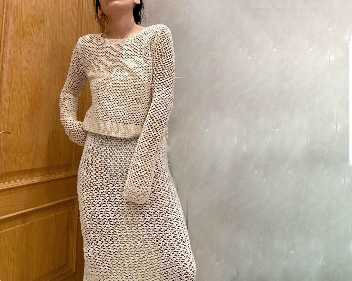 Handmade Alpaca Blend Crochet Sweater Top - V Neck Knit Jumper